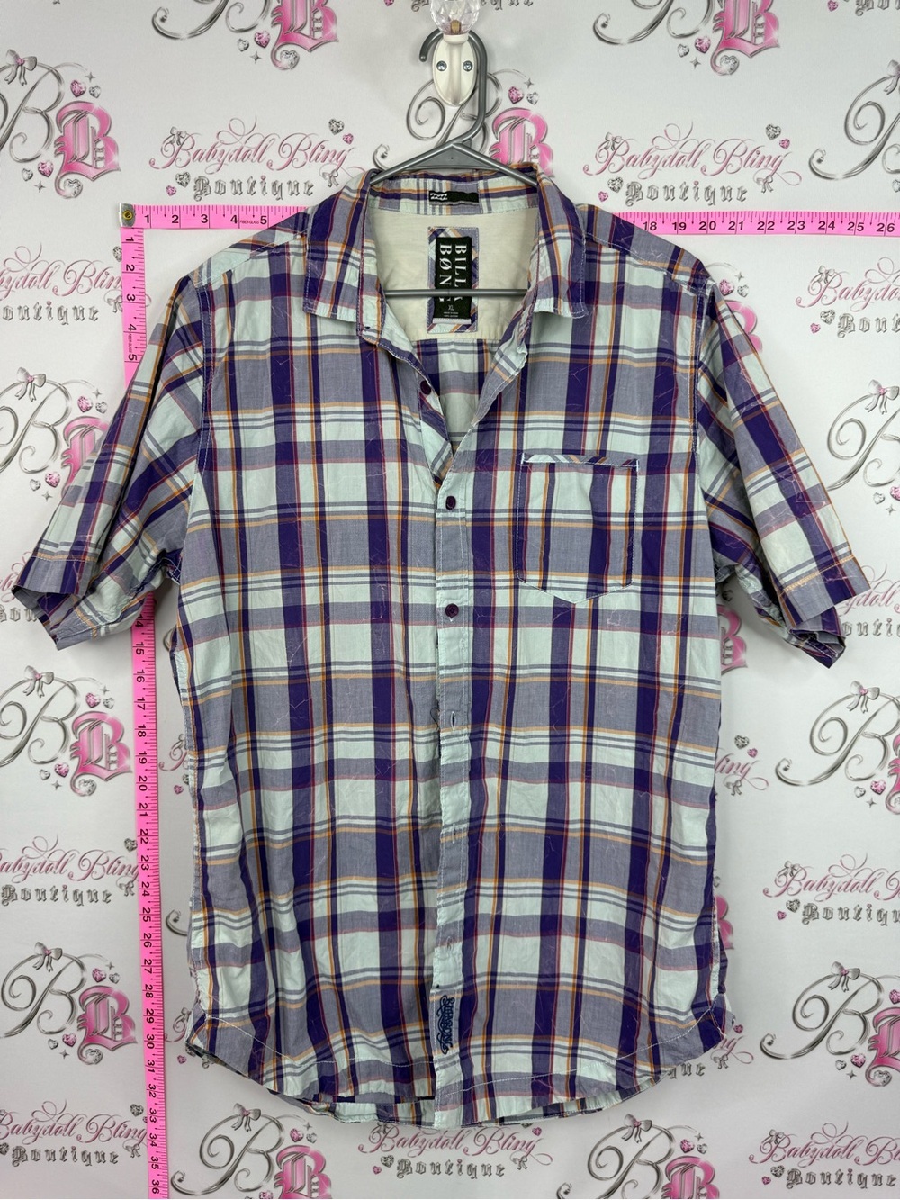 Billabong Men's Short Sleeve Plaid Button-Up Shirt - White, Purple & Orange Trim